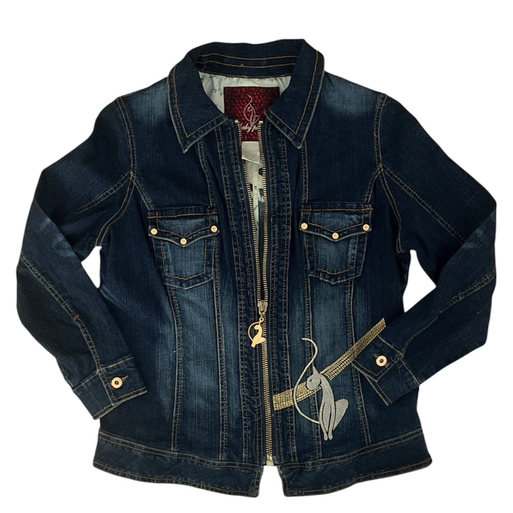 Y2K Baby phat Embroidered silver gold denim jacket and button cuffs cat design